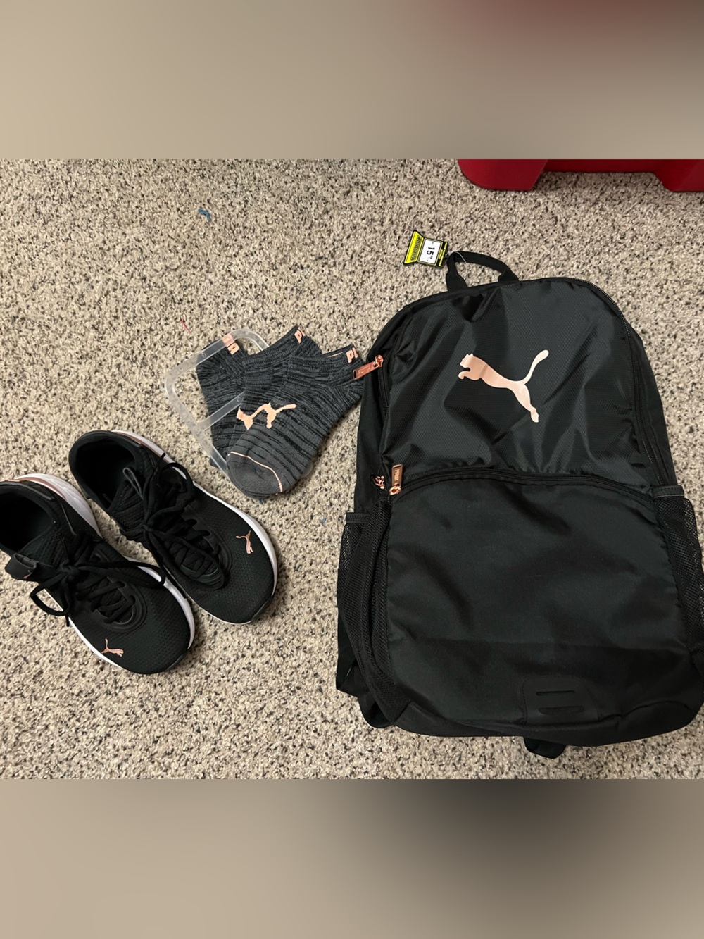 Puma Black Backpack with Rose Gold, Shoes size 7 womens, & socks Brand new.